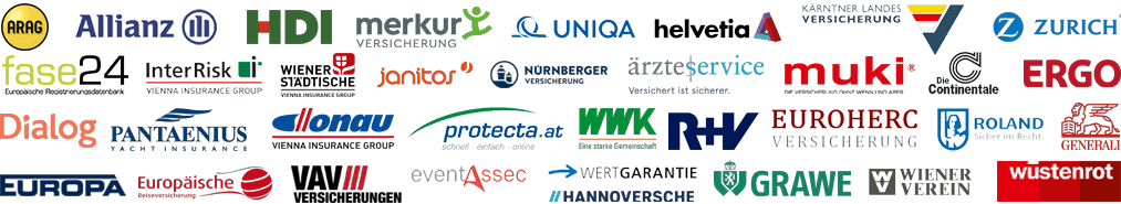 Logos unserer Versicherungspartner: Allianz, HDI, Merkur, UNIQA, Helvetia, Zurich, ERGO, Grawe, Wiener Städtische, Europäische Reiseversicherung und weitere